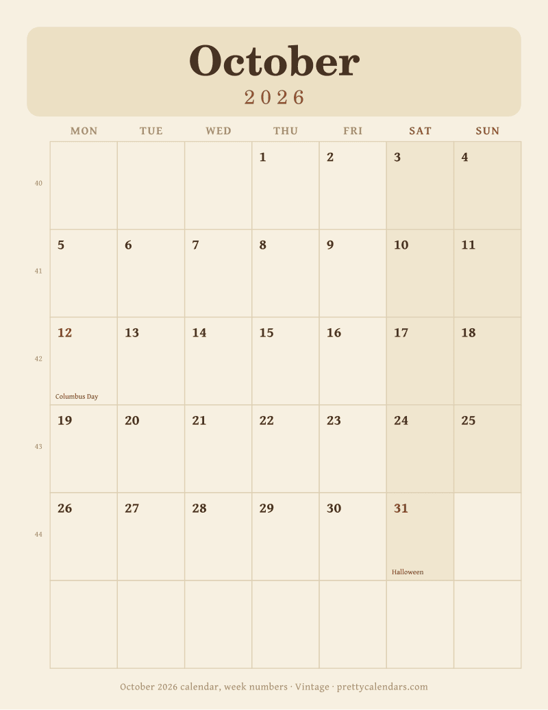 Printable monthly calendar with ISO week numbers and a Monday start, Vintage style