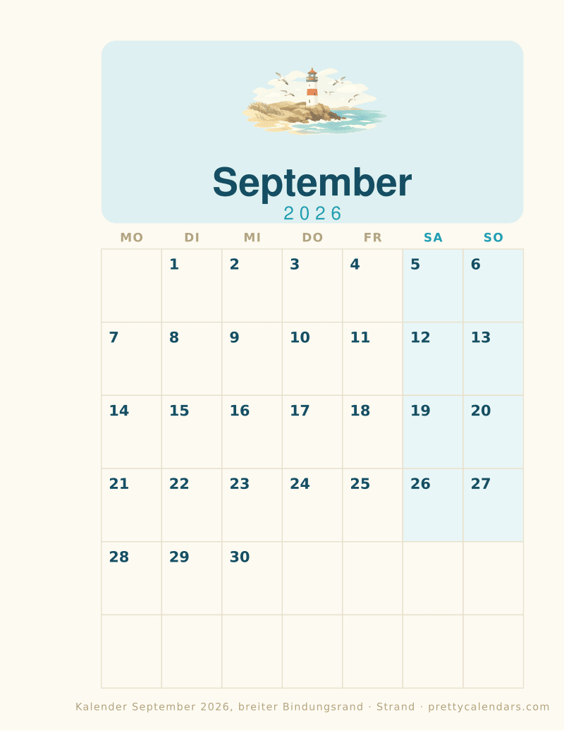 Druckbarer Monatskalender mit breitem Binderand, Design Strand