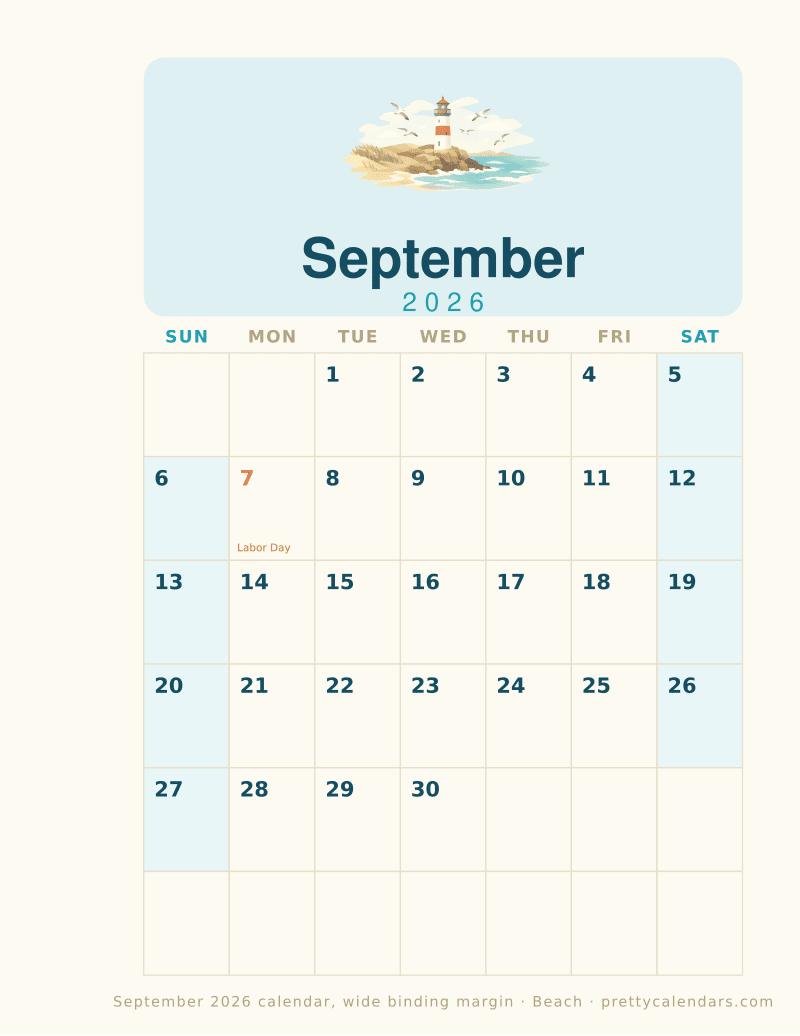 Printable monthly calendar with a wide binding margin down the left edge, Beach style