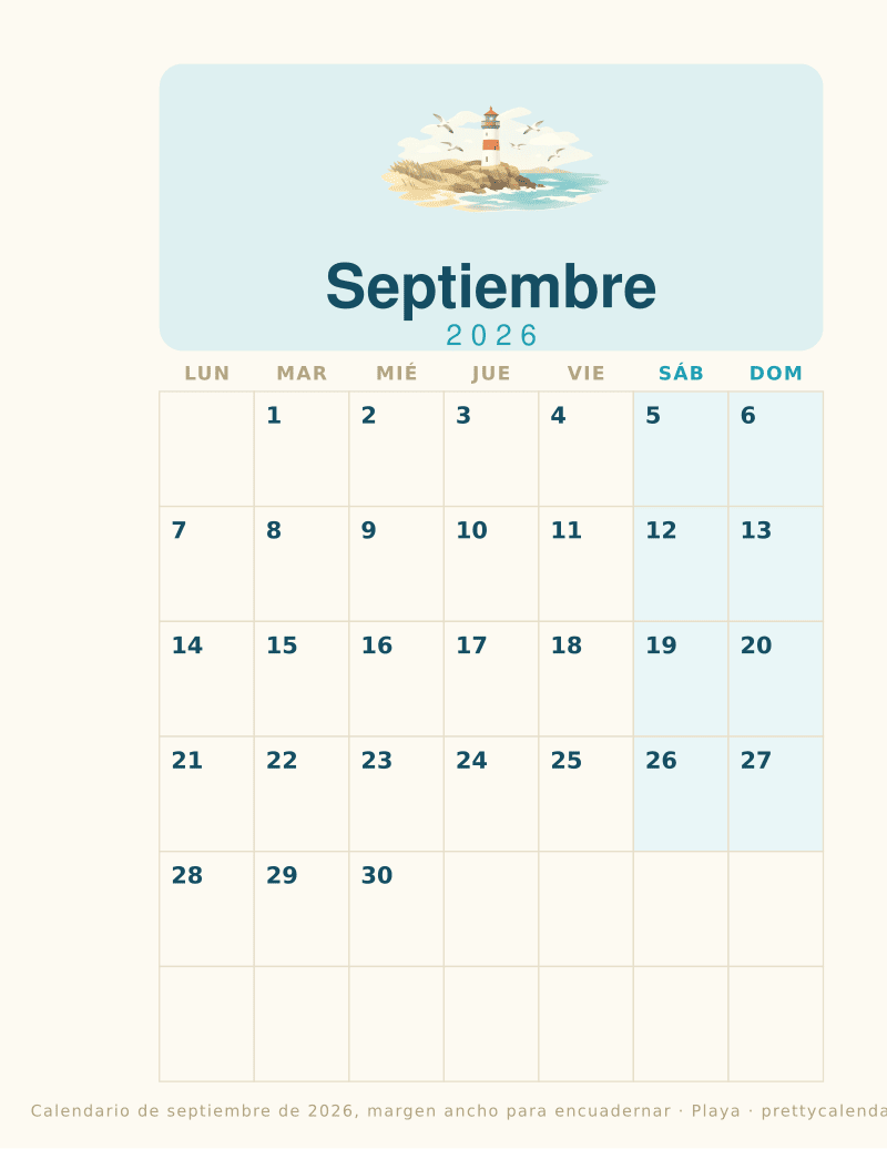 Calendario mensual para imprimir con un margen ancho a la izquierda para encuadernar, estilo Playa