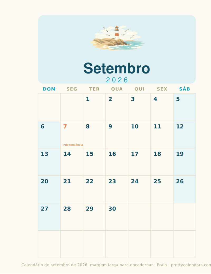 Calendário mensal para imprimir com margem larga para encadernar, estilo Praia