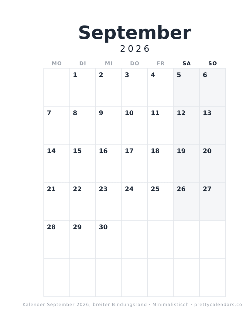 Druckbarer Monatskalender mit breitem Binderand, Design Minimalistisch