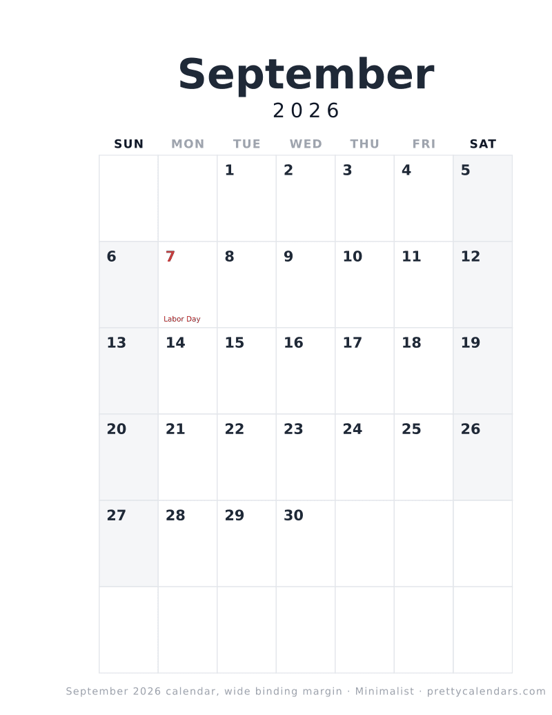 Printable monthly calendar with a wide binding margin down the left edge, Minimalist style