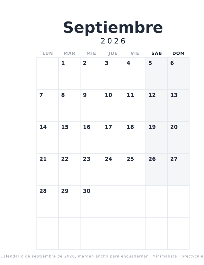 Calendario mensual para imprimir con un margen ancho a la izquierda para encuadernar, estilo Minimalista