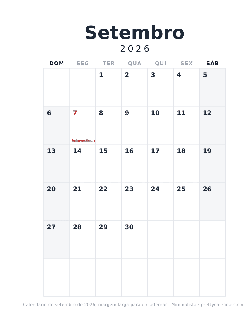 Calendário mensal para imprimir com margem larga para encadernar, estilo Minimalista