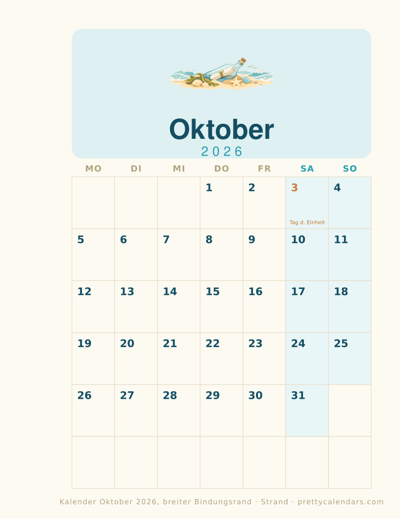 Druckbarer Monatskalender mit breitem Binderand, Design Strand