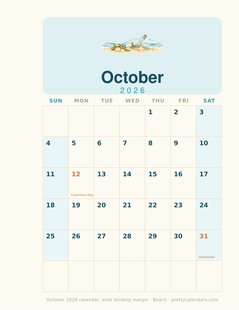 Printable monthly calendar with a wide binding margin down the left edge, Beach style