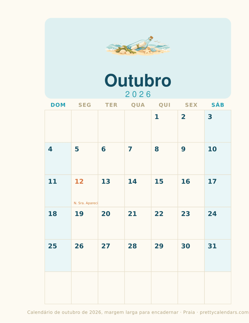 Calendário mensal para imprimir com margem larga para encadernar, estilo Praia