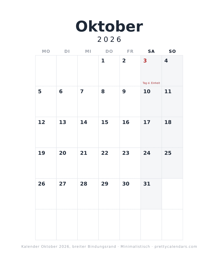 Druckbarer Monatskalender mit breitem Binderand, Design Minimalistisch