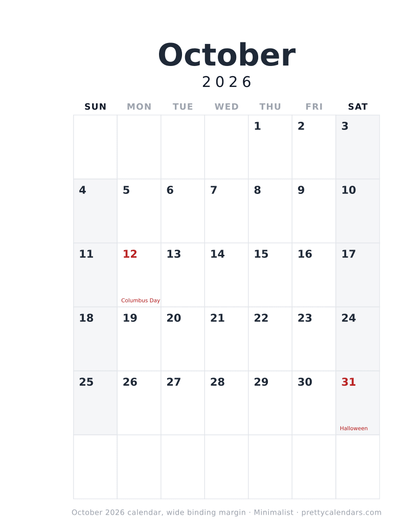 Printable monthly calendar with a wide binding margin down the left edge, Minimalist style
