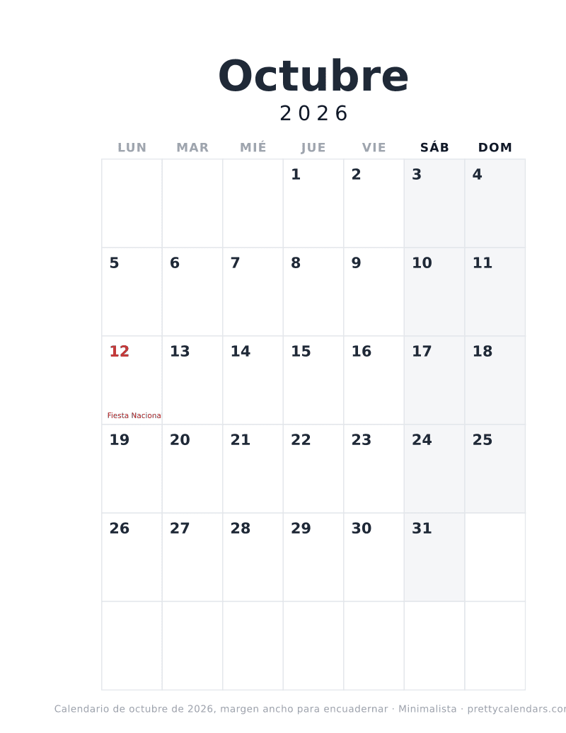 Calendario mensual para imprimir con un margen ancho a la izquierda para encuadernar, estilo Minimalista