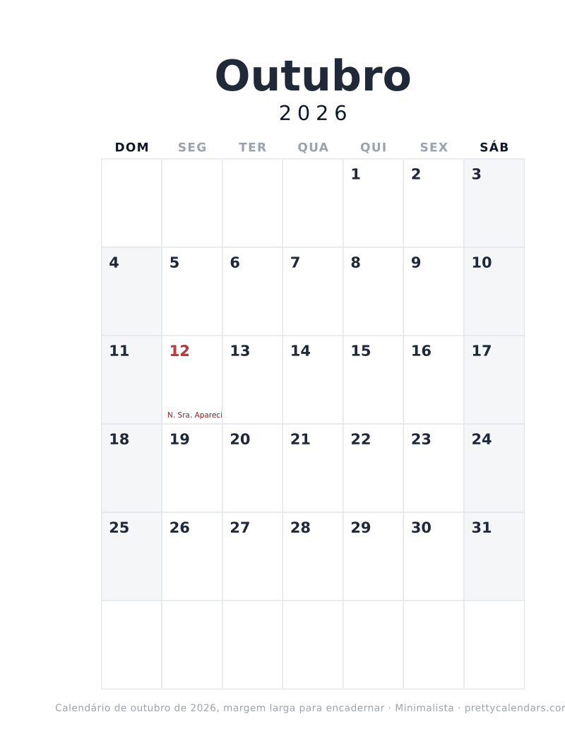 Calendário mensal para imprimir com margem larga para encadernar, estilo Minimalista