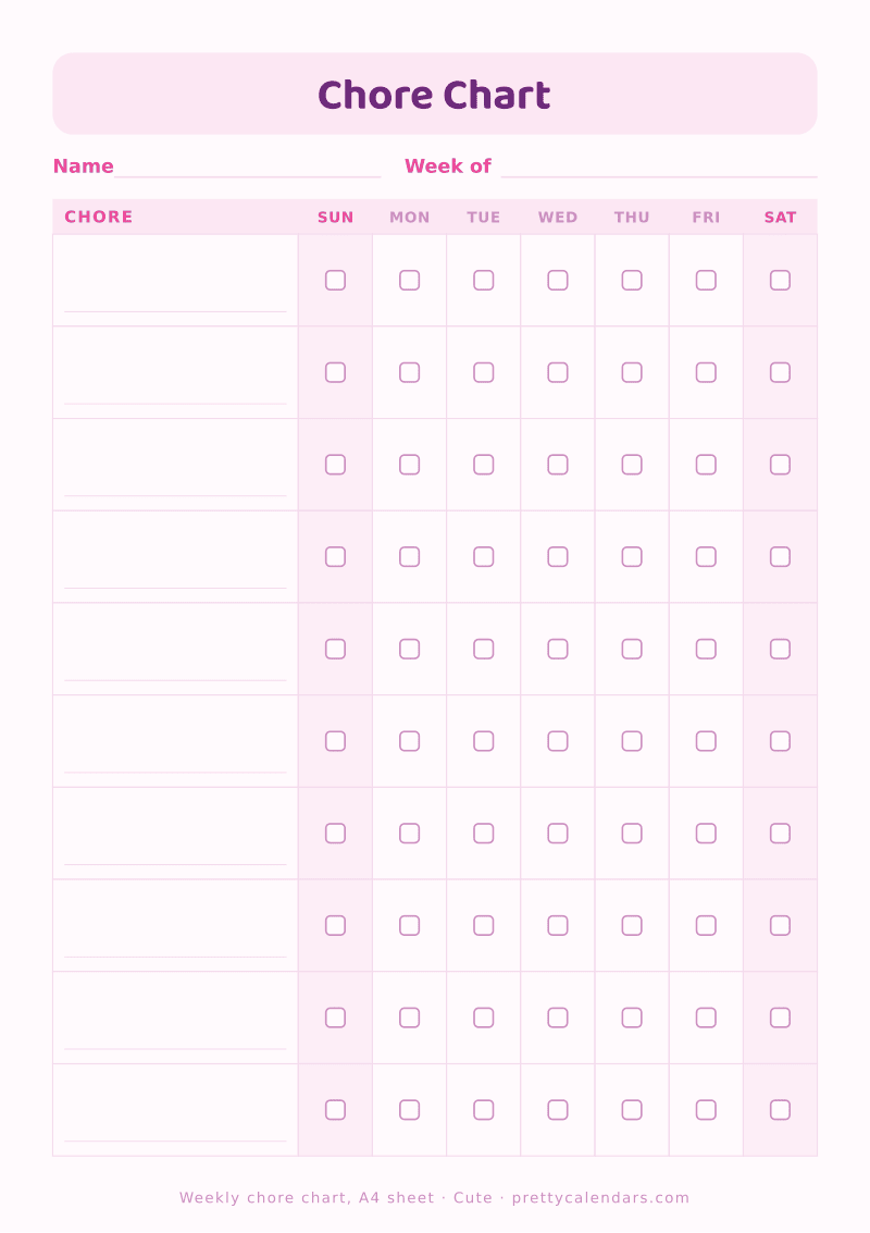 Printable weekly chore chart built at true A4 dimensions, Cute design