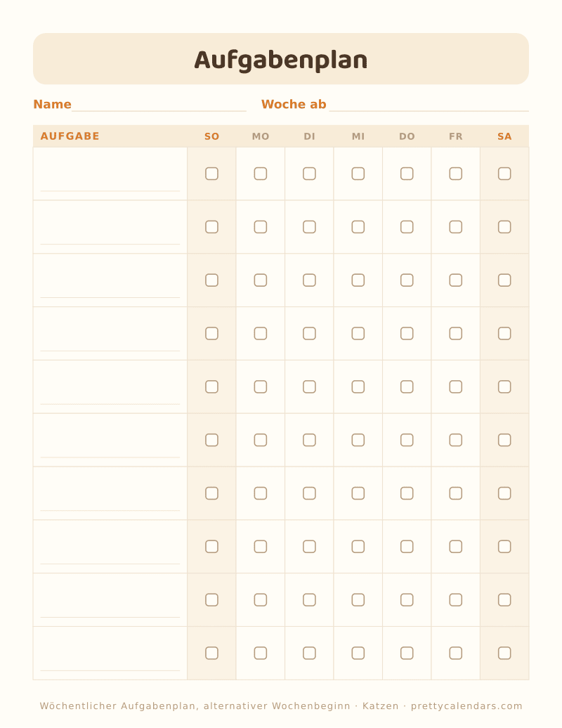 Druckbarer Aufgabenplan mit alternativem Wochenbeginn, Design Katzen