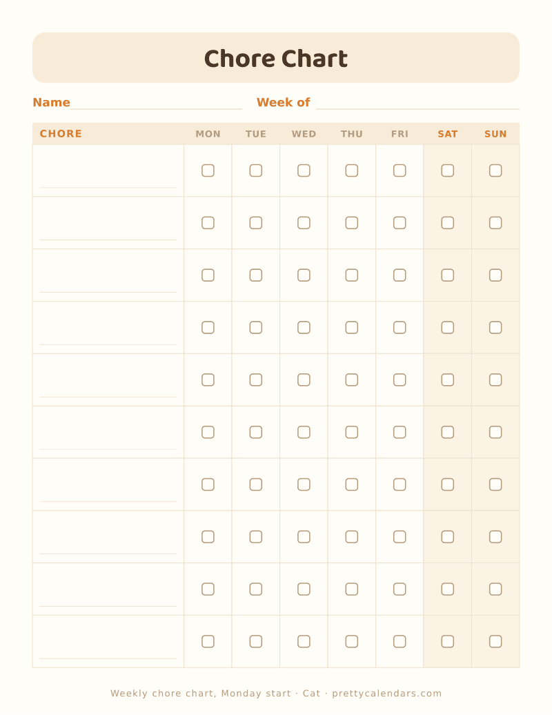 Printable weekly chore chart with the columns starting on Monday, Cat design