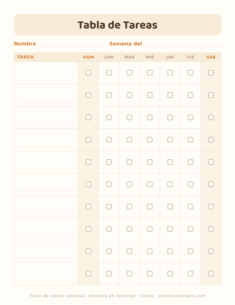 Tabla de tareas semanal para imprimir con las columnas empezando en domingo, diseño Gatos
