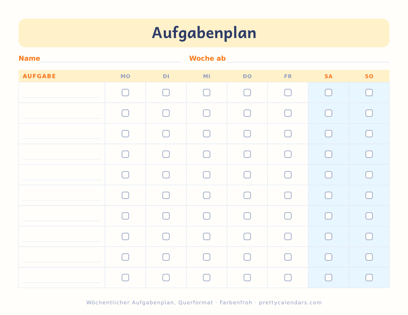 Druckbarer Aufgabenplan mit Querformat, Design Farbenfroh