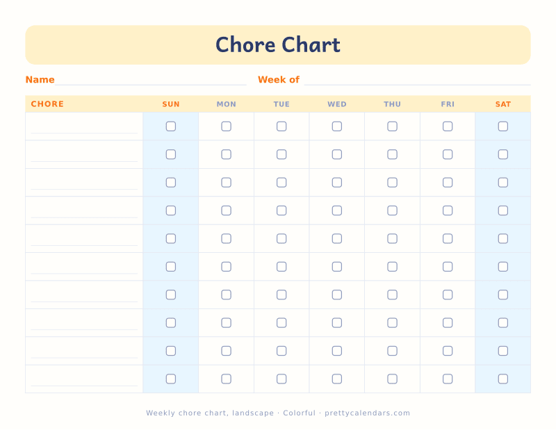 Printable weekly chore chart in landscape orientation with wide tick boxes, Colorful design