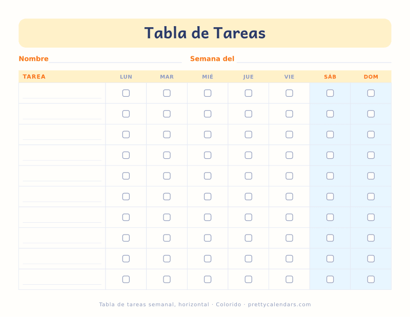 Tabla de tareas semanal para imprimir en horizontal con casillas de marcar anchas, diseño Colorido