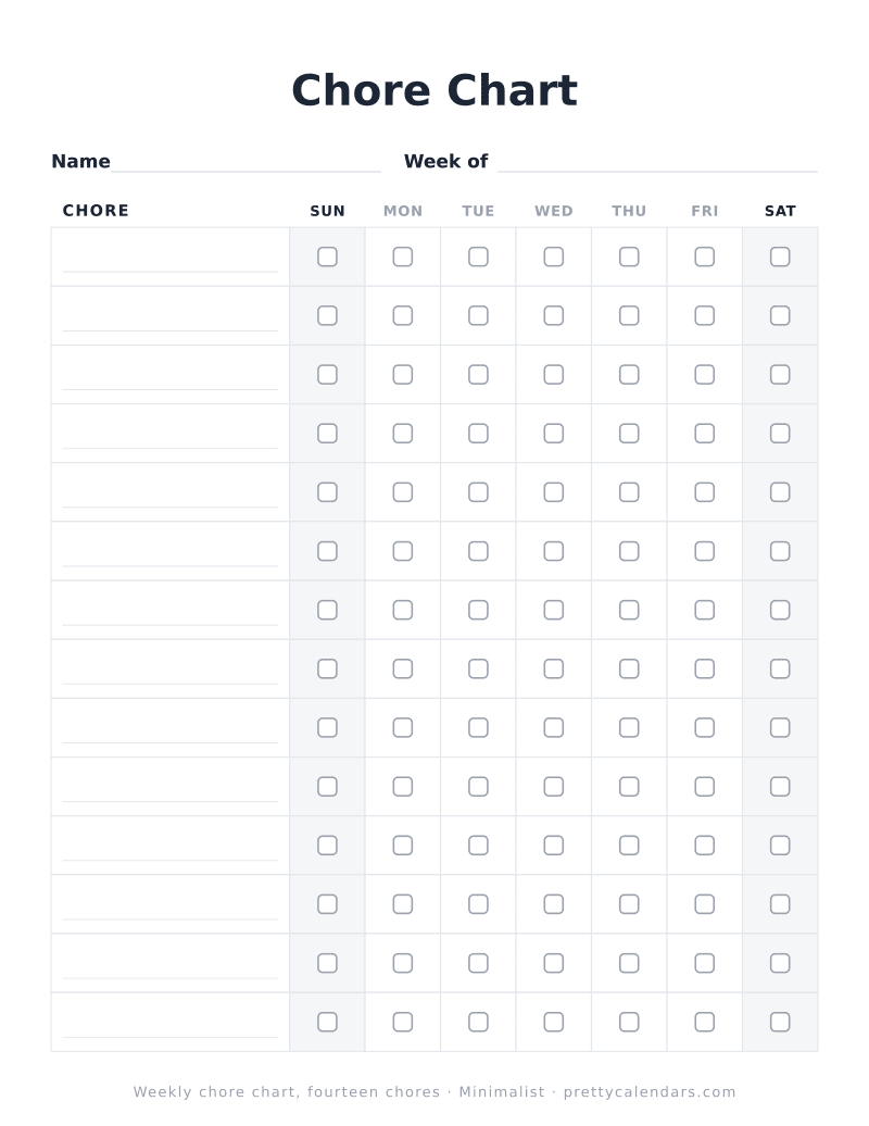 Printable weekly chore chart with fourteen chore rows for a whole household, Minimalist design