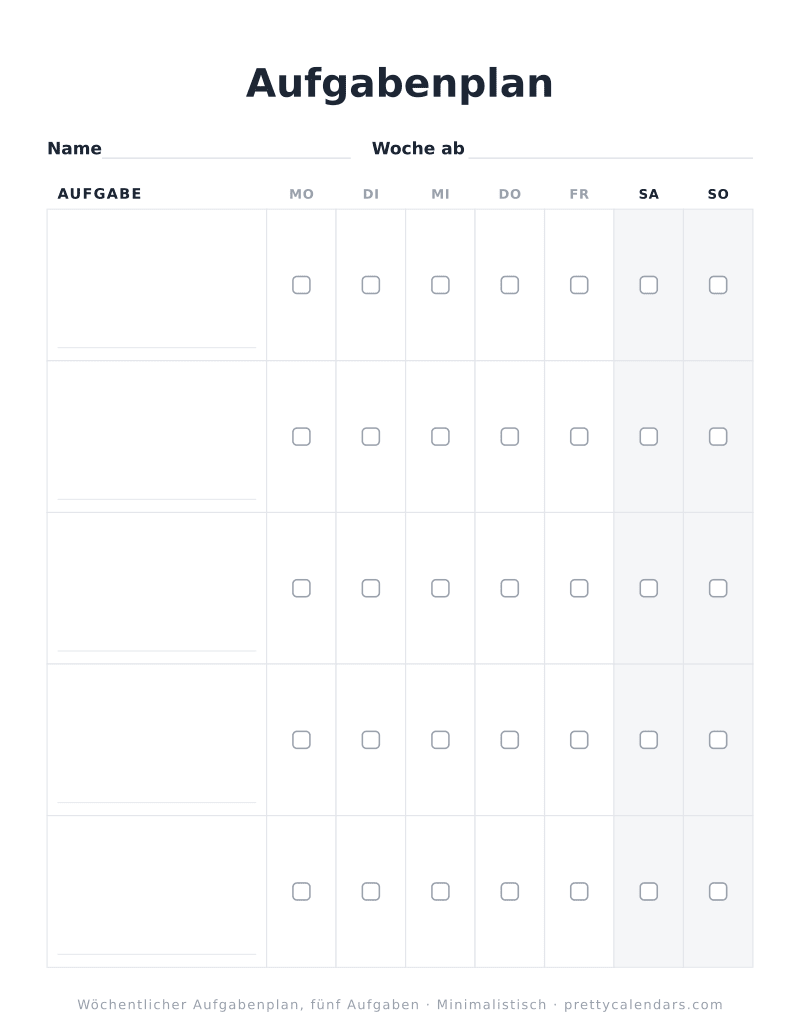 Druckbarer Aufgabenplan mit fünf großen Zeilen, Design Minimalistisch