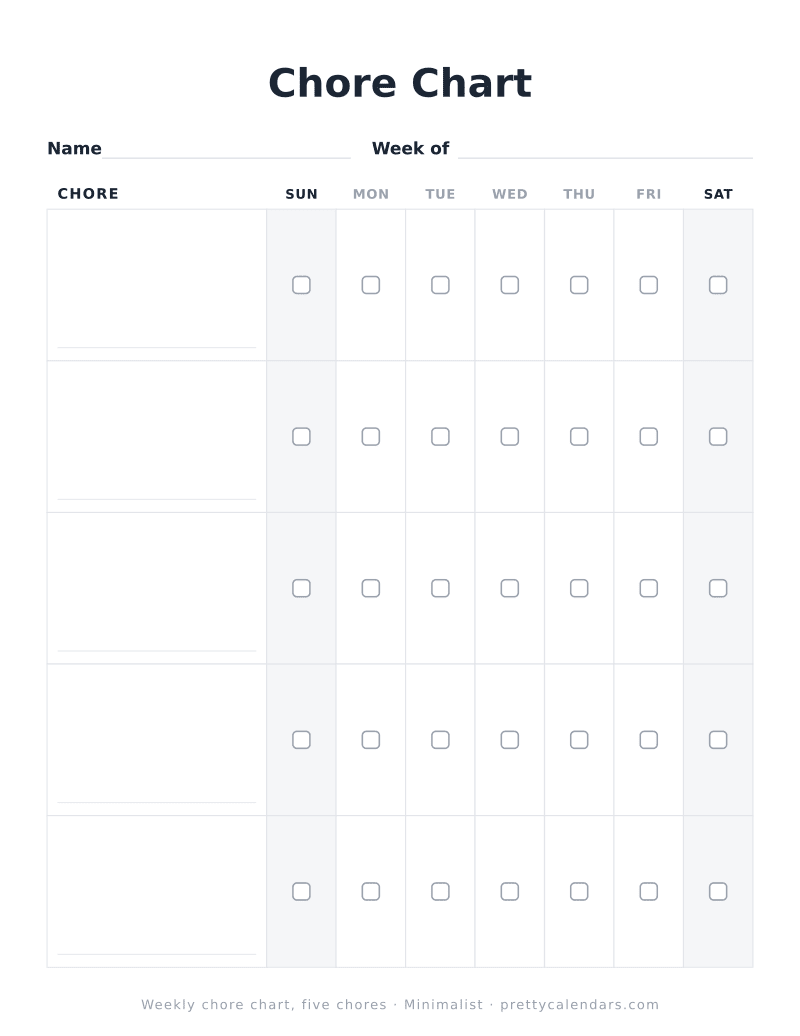 Printable weekly chore chart with five large rows and oversized tick boxes, Minimalist design