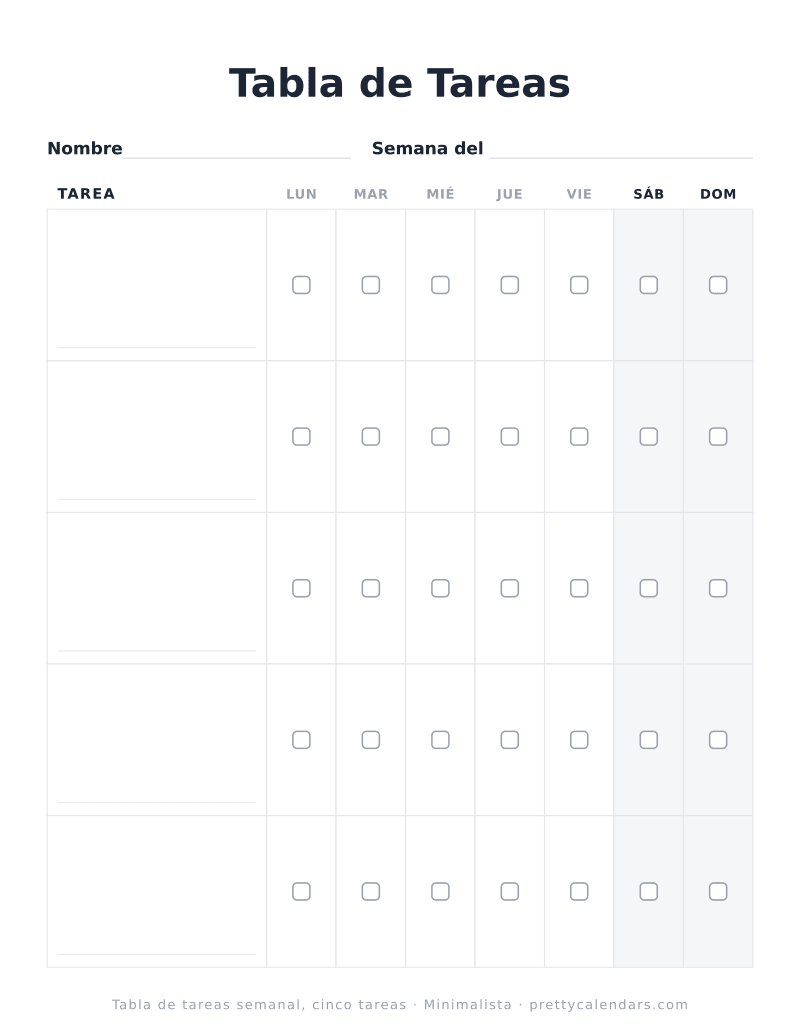 Tabla de tareas semanal para imprimir con cinco filas grandes y casillas de marcar enormes, diseño Minimalista