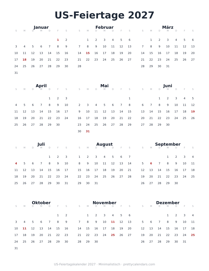 Jahr 2027, Wochenbeginn Sonntag, Minimalistisch