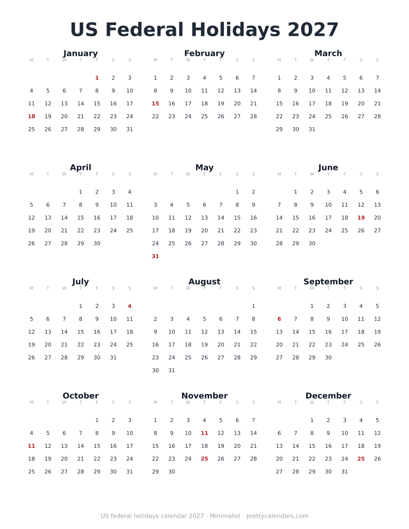 2027 Monday-start year overview, Minimalist