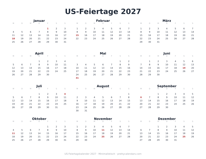 Jahresübersicht Querformat 2027, Minimalistisch