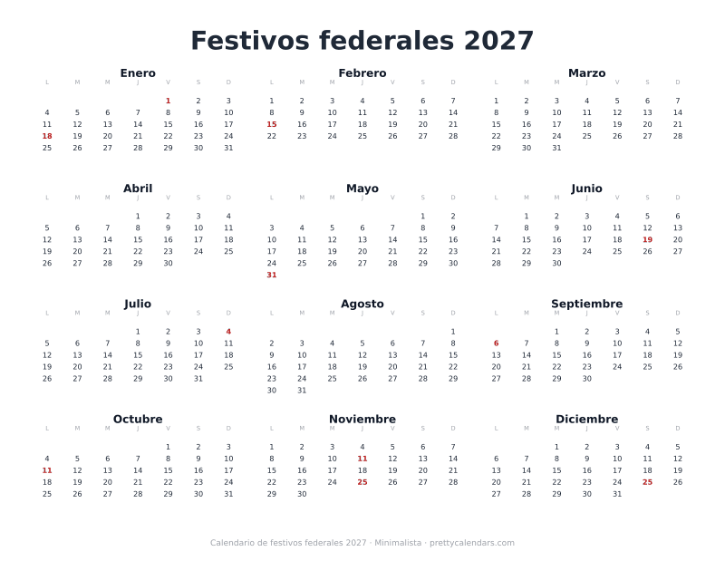 Vista anual horizontal 2027, Minimalista