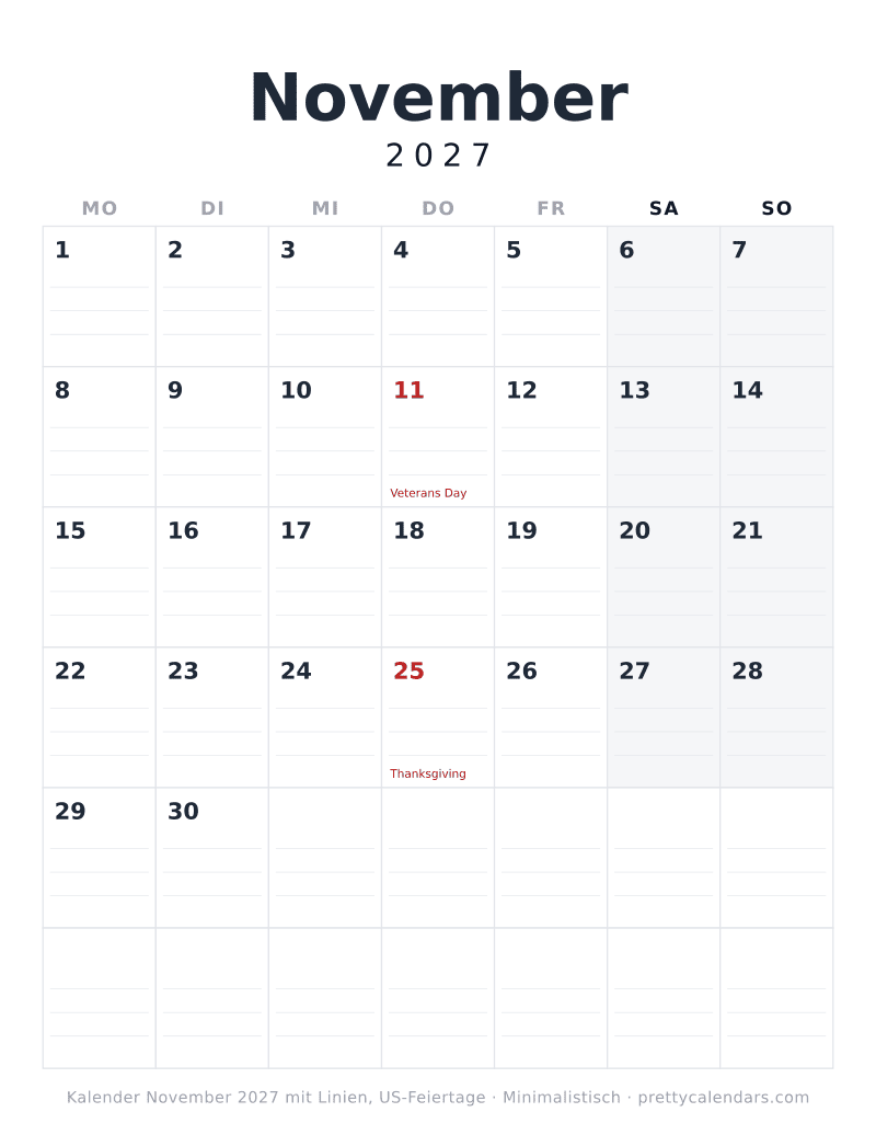 November 2027 mit Linien, Minimalistisch
