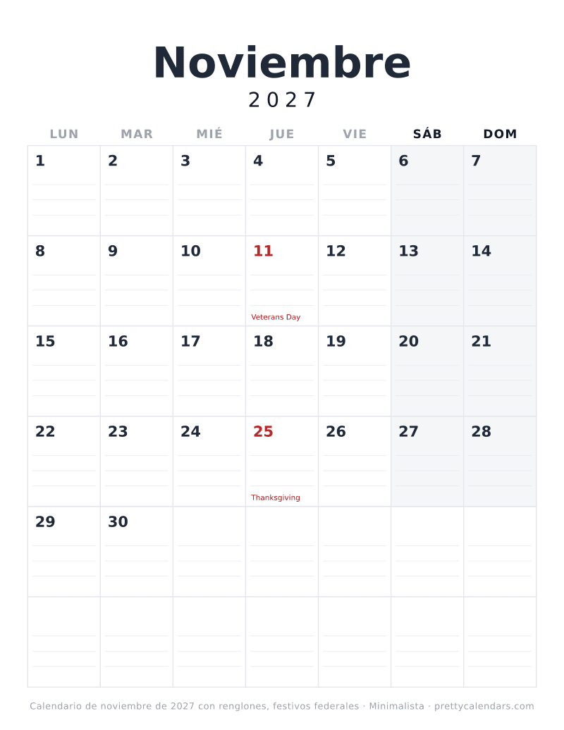 Noviembre 2027 con renglones, Minimalista