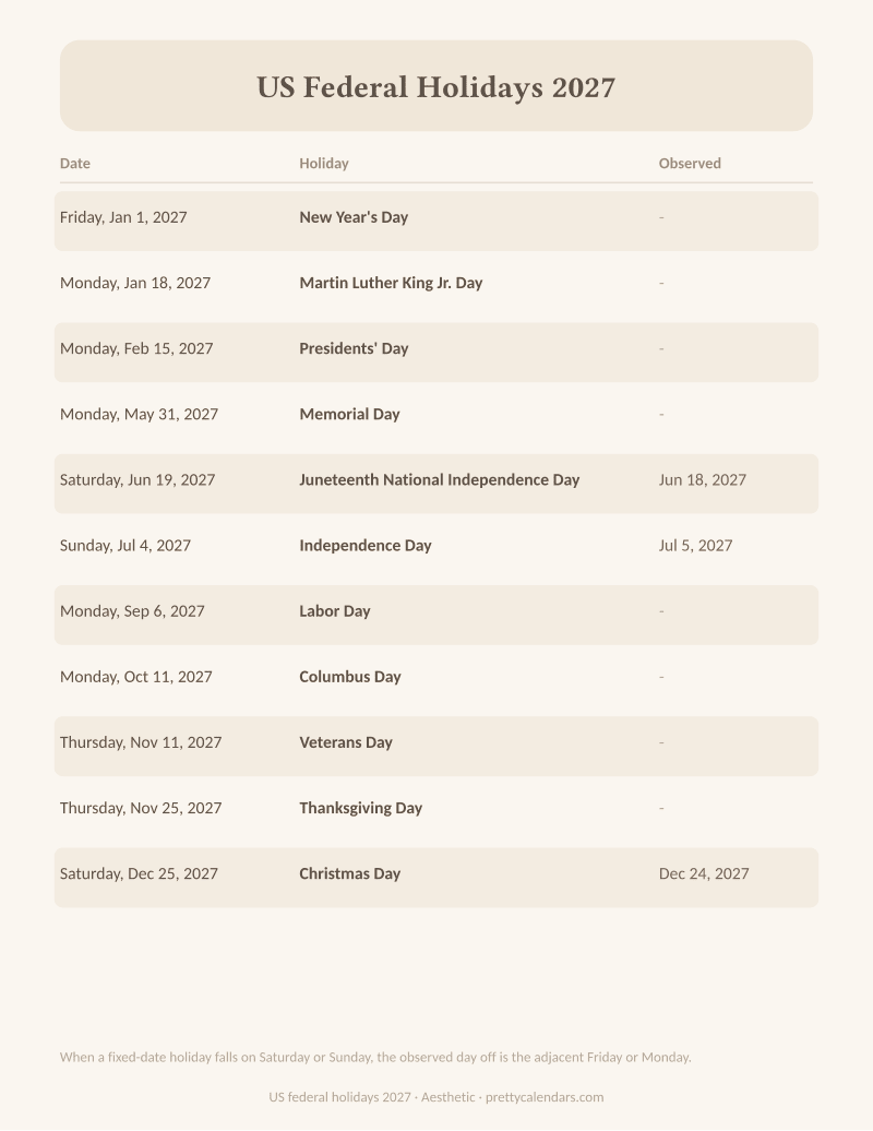 US federal holidays list 2027, Aesthetic