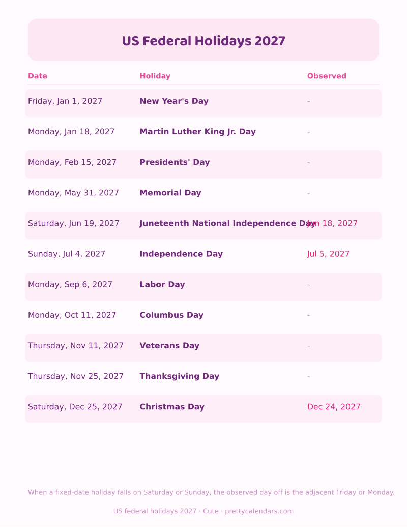 US federal holidays list 2027, Cute