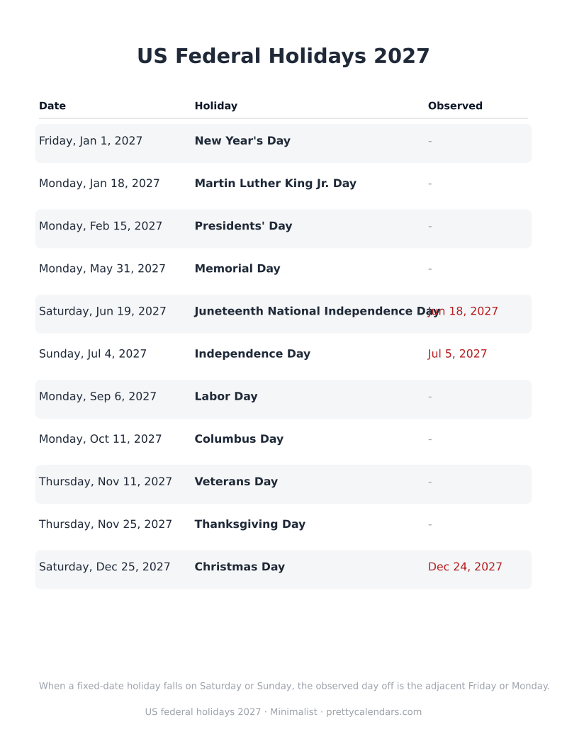 US federal holidays list 2027, Minimalist