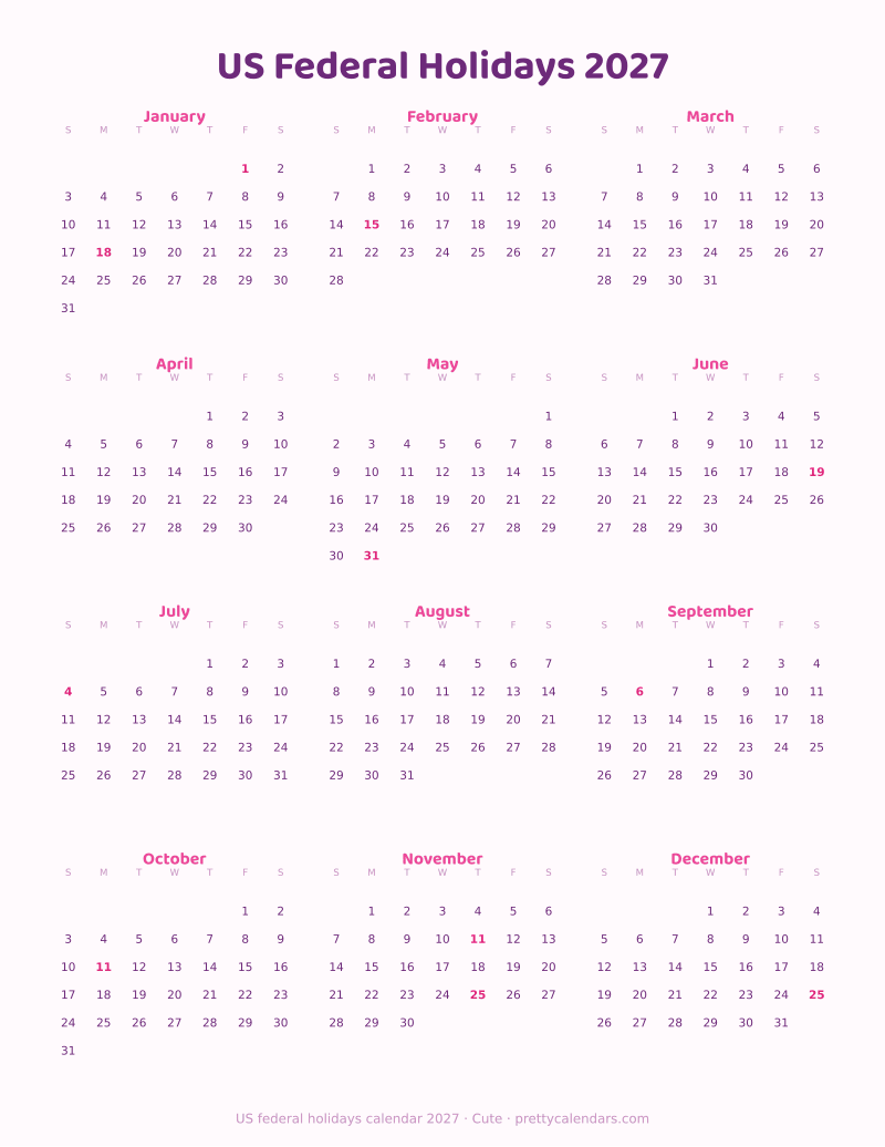 2027 year with federal holidays, Cute