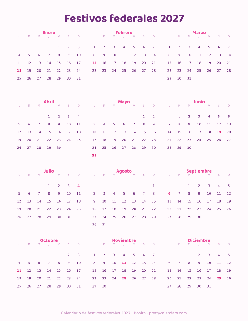 Año 2027 con festivos federales, Bonito