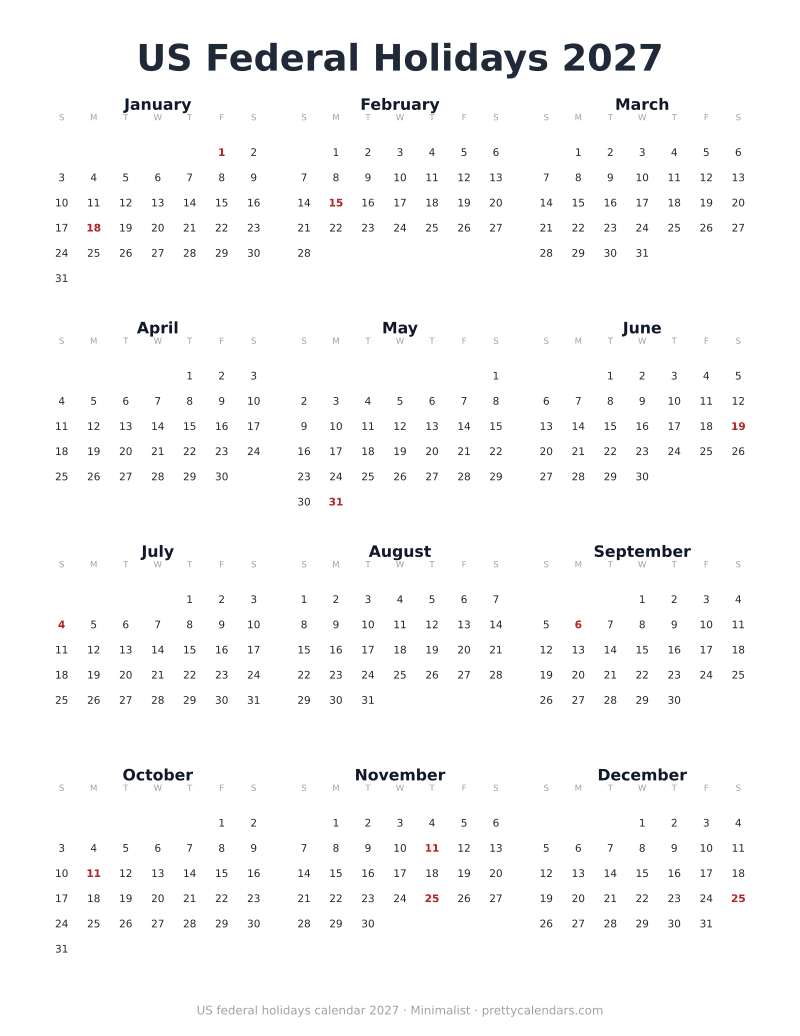 2027 year with federal holidays, Minimalist