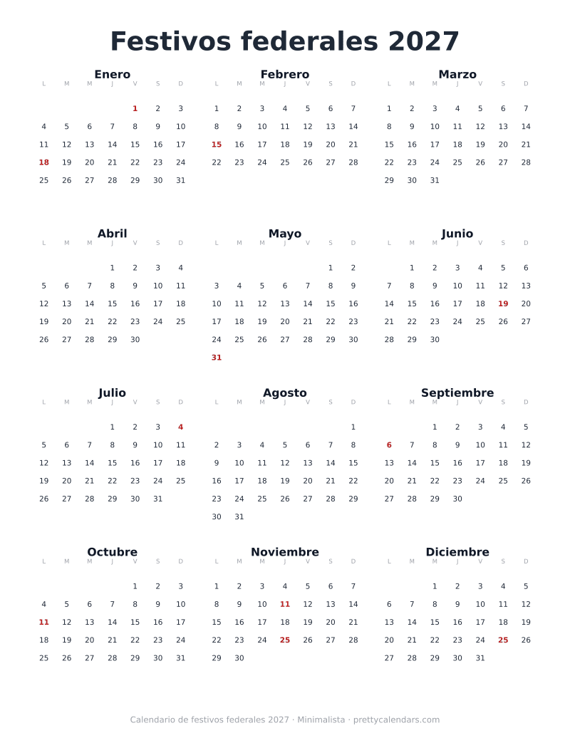 Año 2027 con festivos federales, Minimalista