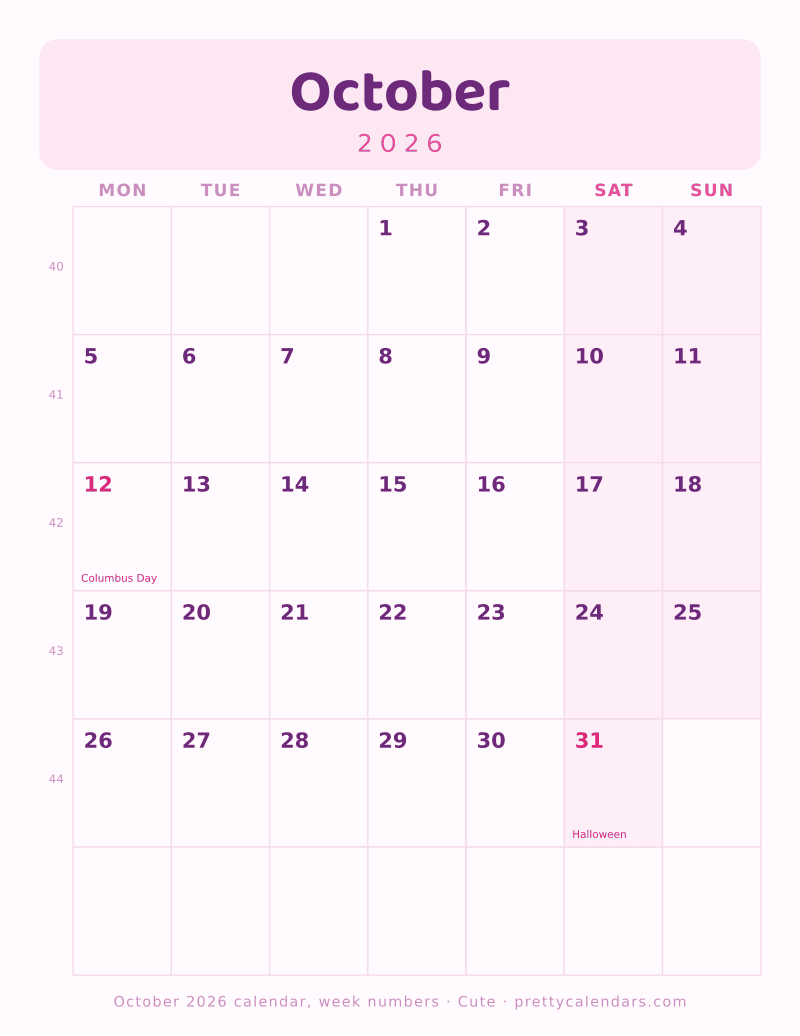 October 2026 with week numbers