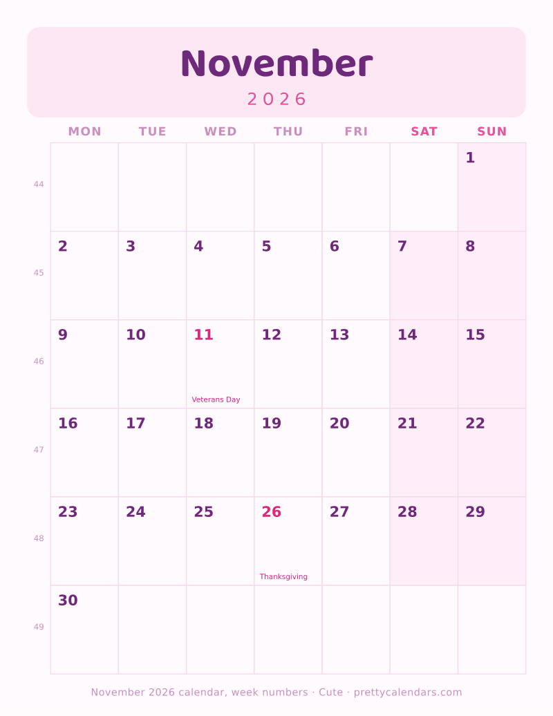 November 2026 with week numbers