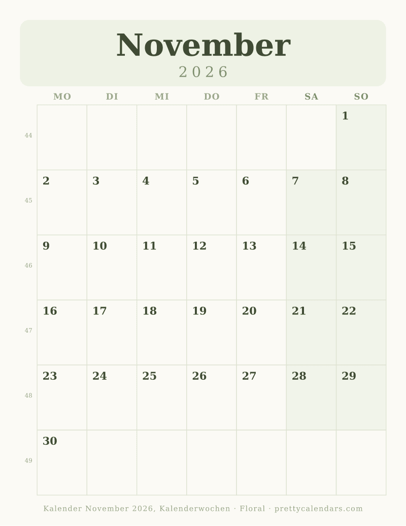 November 2026 mit Kalenderwochen