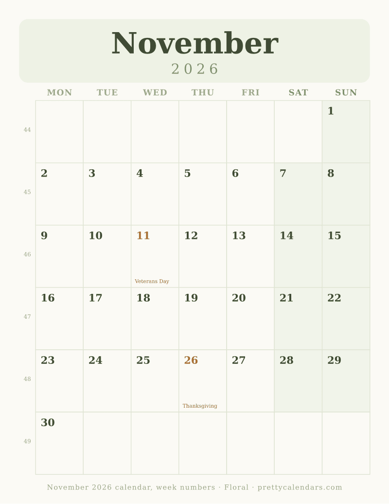 November 2026 with week numbers