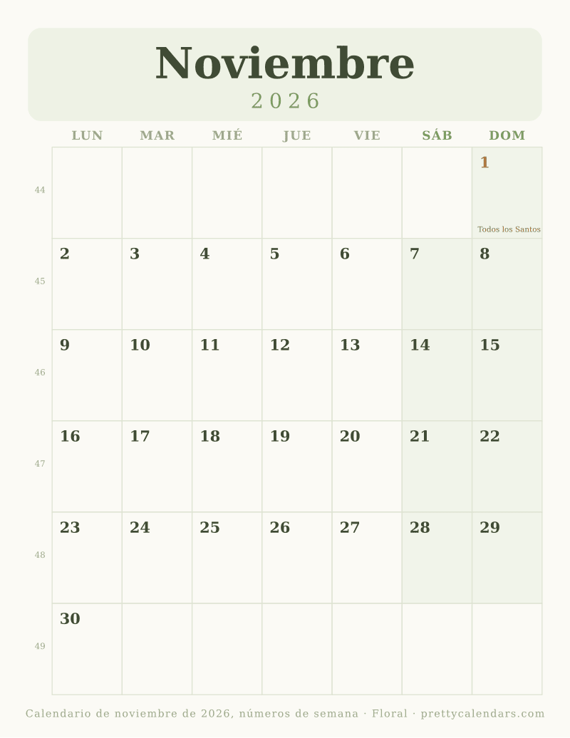 Noviembre 2026 con número de semana