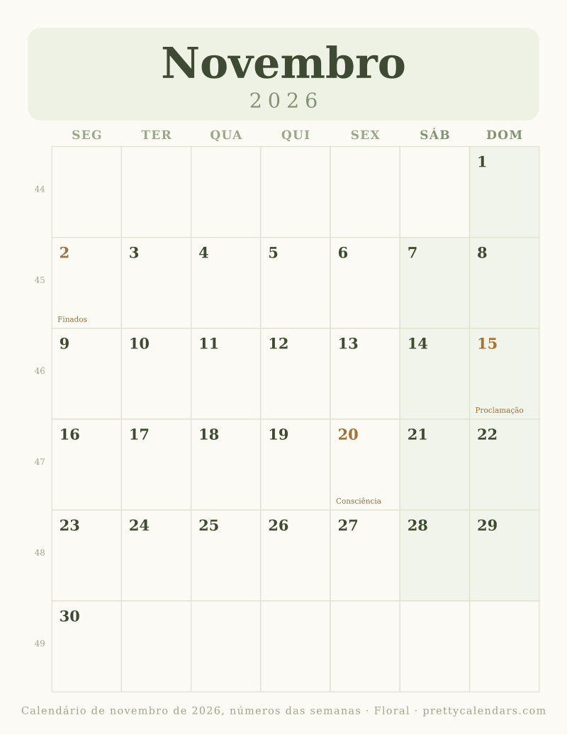 Novembro 2026 com números das semanas