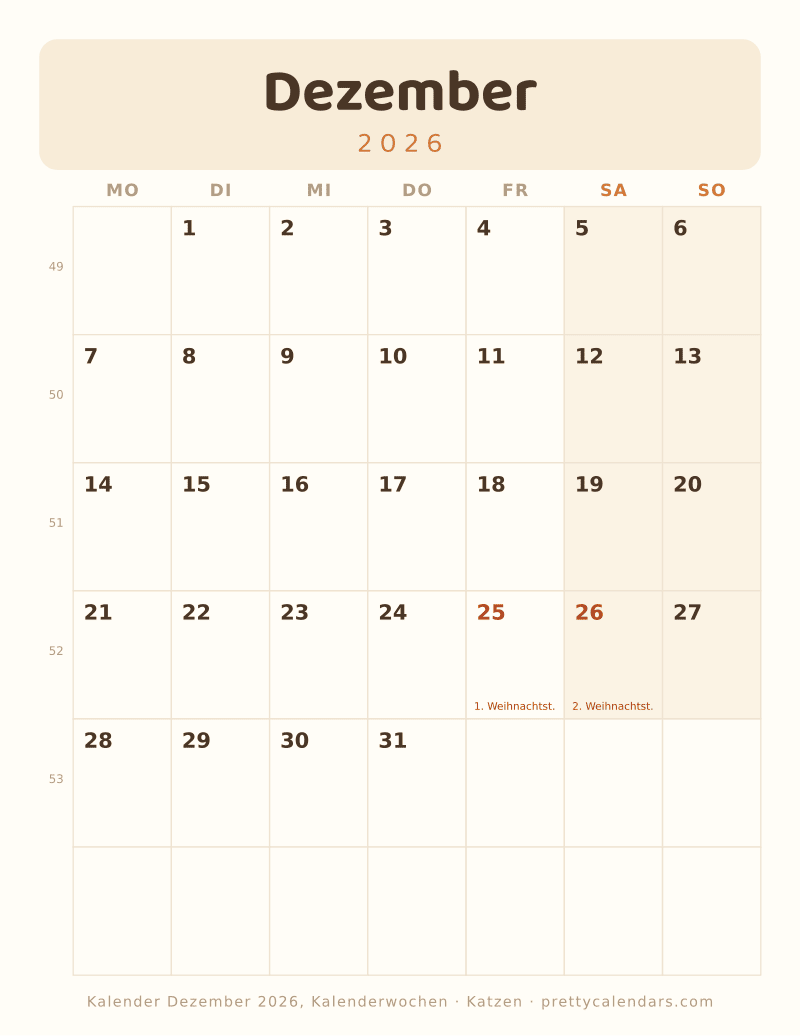 Dezember 2026 mit Kalenderwochen