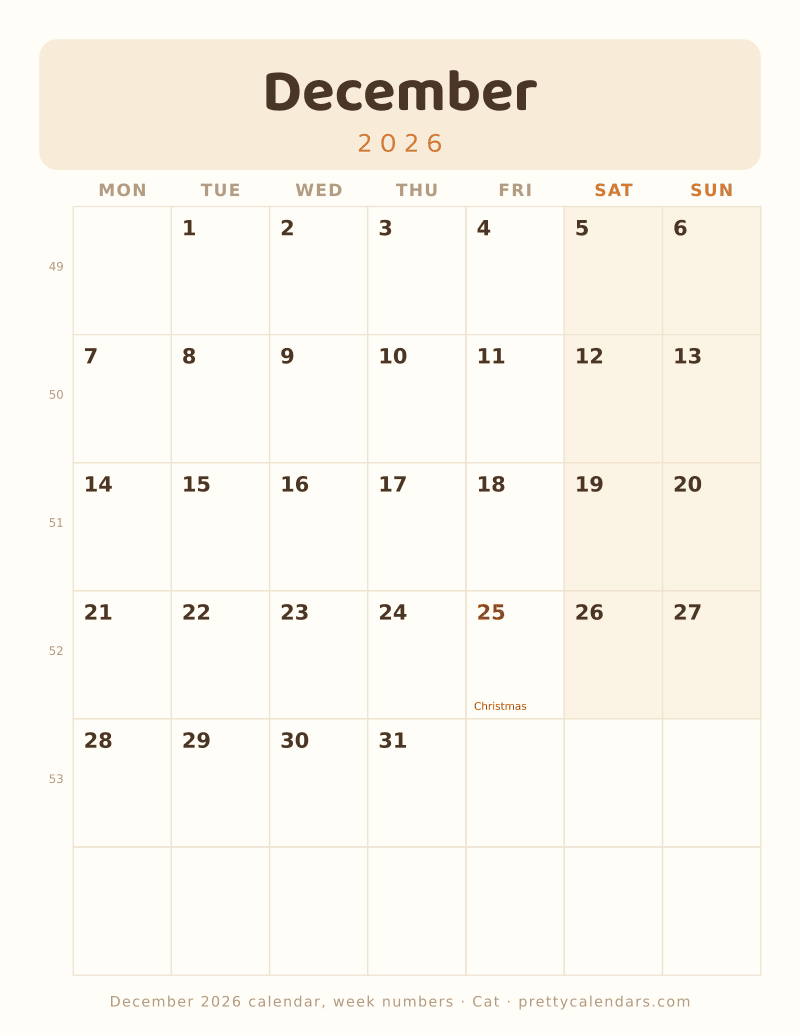 December 2026 with week numbers