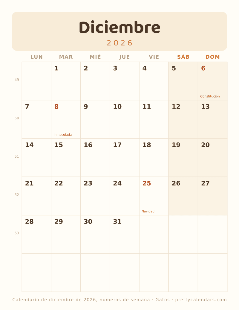 Diciembre 2026 con número de semana