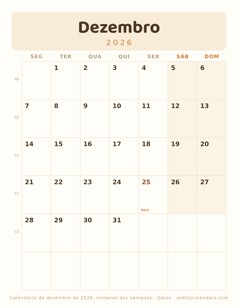 Dezembro 2026 com números das semanas